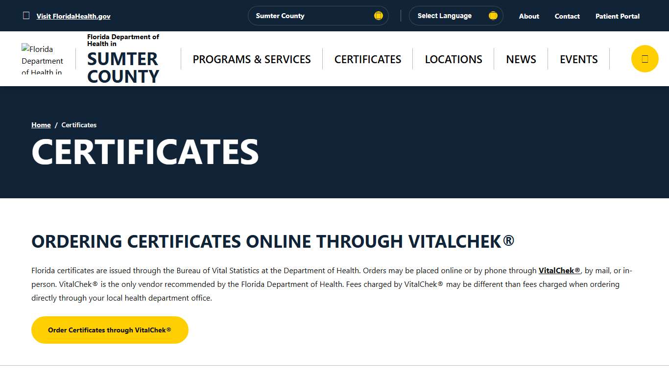 Certificates - Florida Department of Health in Sumter County