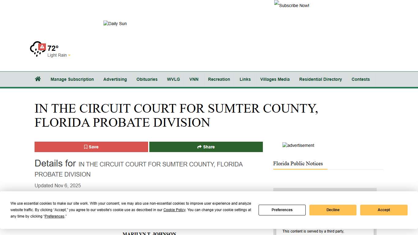 IN THE CIRCUIT COURT FOR SUMTER COUNTY, FLORIDA PROBATE DIVISION Legal thevillagesdailysun.com