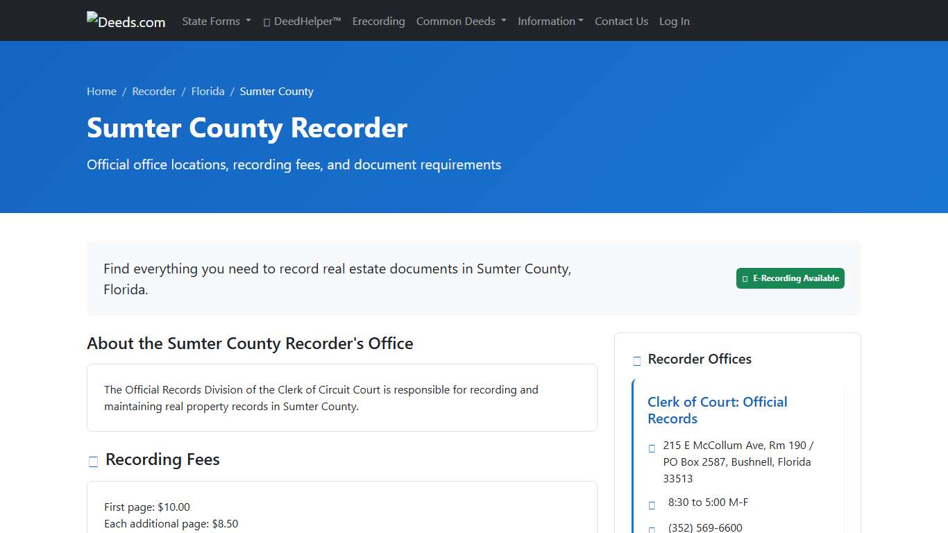 Sumter County Recorder Information, Florida - Deeds.com
